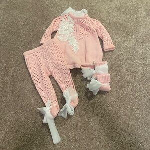 Charming Pink Knit Baby Set with Lace
